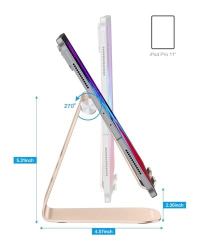 OMOTON T1 Adjustable Tablet Stand for Desk, Aluminum Holder for iPad Gold | Solid Metal Build | Charging Cutout | Anti-Slip Silicone Pads | Multi-Angle Adjustable | Fits 3.5-12.9" | Holds Thick Cases - color: Gold
