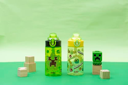 Zak Designs Minecraft Sage Kids Water Bottle For School or Travel, 16oz Durable Plastic Water Bottle With Straw, Handle, and Leak-Proof, Pop-Up Spout Cover, 2-Pack Set (Creeper) - color: Minecraft (Creeper)