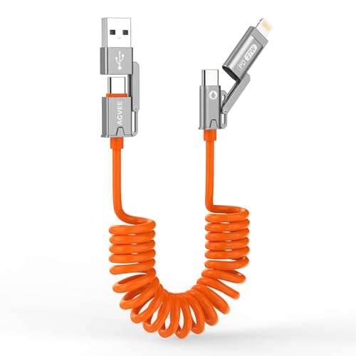 AGVEE 1.5ft 4-in-1 Coiled Multi Charging Charger Data Transfer Cable | Secure-Slide No-Loss Adapters, Slim Tips Fit Thick Cases, Lightning End Reinforced, PD 60W for iPhone Carplay, Android Auto - color: Orange, size: 1.5ft, style: 4 in 1