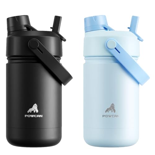 POWCAN 2 Pack 12 oz Kids Insulated Water Bottle for School: Leakproof, 2-in-1 Straw Spout Lid, BPA-Free, Keep Cold 24 Hrs, Stainless Steel Cup for Girls, Boys, Teens (Dark Knight & Sea Breeze) - color: Dark Knight & Sea Breeze, size: 12 oz (Pack of 2)