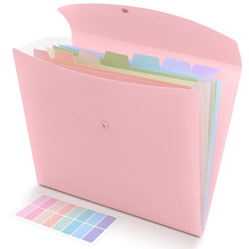 SKYDUE Cute Accordion File Organizer, Expanding File Folder with 8 Pockets, Document Organizer with Colorful Tabs for School, Office, Hospital Tax, Receipts Storage Letter/A4 Size Pink - color: Pink