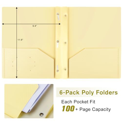 6-Pack Plastic andPockets and Prongs,2-Pocket and3 Fasteners, Pastel Folders Holds 8-1/2" x 11" Paper for School/Office/Home, Yellow - color: Light Yellow, size: 6-Pack