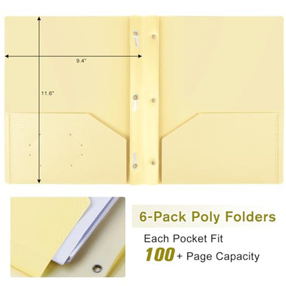 6-Pack Plastic andPockets and Prongs,2-Pocket and3 Fasteners, Pastel Folders Holds 8-1/2" x 11" Paper for School/Office/Home, Yellow - color: Light Yellow, size: 6-Pack