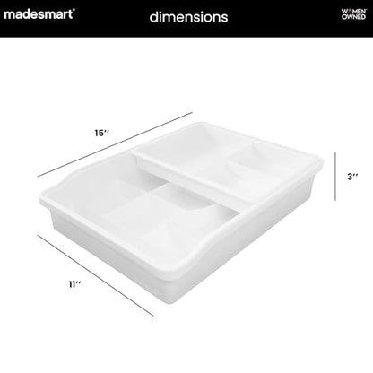 madesmart 13-Compartment Junk Drawer Organizer with Sliding Top Tray, Multi-Purpose Storage for Kitchen, Office & Bathroom Drawers, White