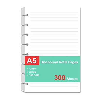 Junior Size Refills Paper, A5 Loose Leaf Paper for TUL Custom Note-Taking System Discbound Notebook Planner Inserts, White, Total 300 Sheets/600 Pages, College Ruled, 5.5 X 8.5 Inch - size: 300 Sheets