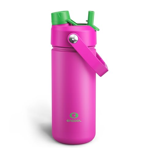 ENCOOL Insulated Water Bottle with Straw Stainless Steel Water Bottle, Leak-Proof, BPA-Free, Double Wall Vacuum Keeps Cold for 24 Hours for Sports, Travel, School (18 oz, Knockout Pink) - color: Knockout Pink, size: 18 Ounces