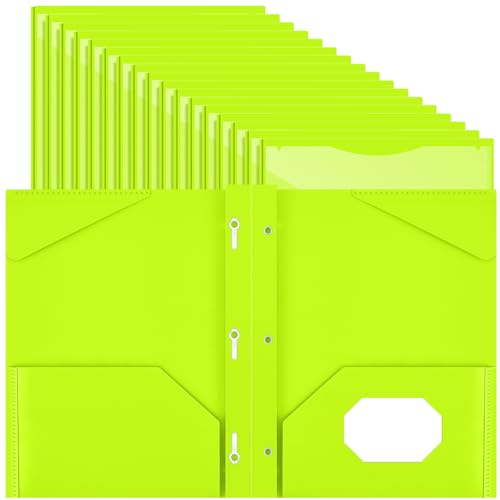 Henoyso 48 Pcs Plastic Folder with Clear Front Pocket and 3 Prongs Heavy Duty Plastic Folders with Card Slot Pocket Folders with Prongs for School Office Home(Fluorescent Green) - color: Fluorescent Green