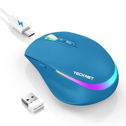 TECKNET Wireless Mouse Jiggler, Rechargeable Mouse with Built-in Mouse Mover, 6 Adjustable DPI & 14 LED Modes, Silent Click, Undetectable Random Movement Keeps Computer Awake for Laptop/PC/Mac- Blue - color: Blue