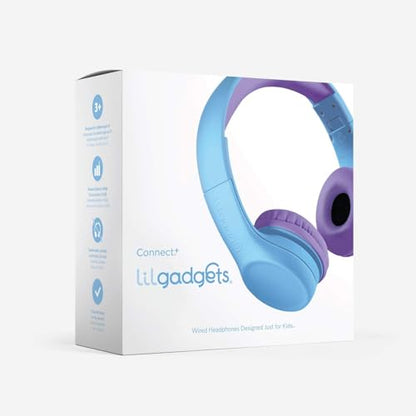 LilGadgets Connect+ Foldable Headphones, Adjustable Fit Soft Touch Padding for Kids with Mic, Volume-Limited & Noise Reduction On-Ear Wired Headset for School with SharePort - Blue/Purple, Ages 3-14 - color: Blue/Purple