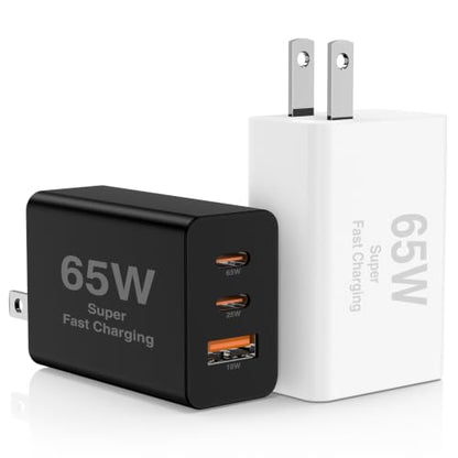 Hzevn 2Pack 65W USB C Wall Charger Block, 3-Port 100W USB C Charging Adapter,Multi Super Fast Charging Power Plug Cube for MacBook Pro/Air,i-Pad Pro,i-Phone 16/15, Galaxy S25，White and Black - color: Black+White