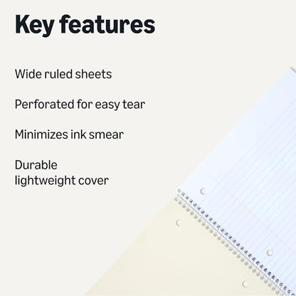 Amazon Basics Wide-Ruled Spiral Notebooks, 8" x 10-1/2", 70 Sheets, Black, 2-Pack - color: Black, style: Wide Ruled 2-pack
