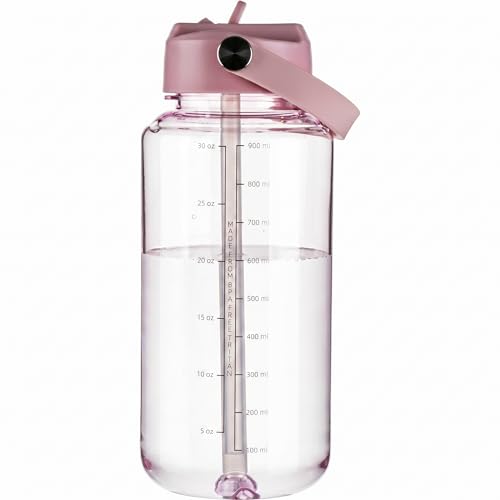 OLDLEY 32oz Water Bottle with Straw, Leakproof Tritan Clear Bottle with Marked Bottle and Carry Handle, BPA-Free Wide Mouth Reusable Sports Water Bottle for Gym,Hiking,Camping,Travel,Workout,Pink - color: Pink