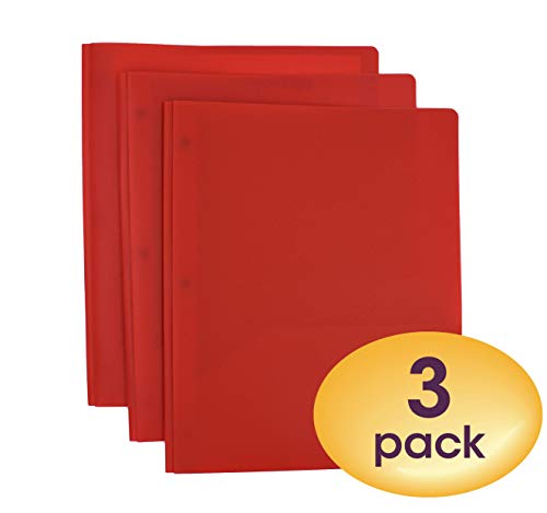 Smead Poly Two-Pocket Folder, Three-Hole Punch Prong Fasteners, Letter Size, Red, 3 Per Pack (87730) - color: Red