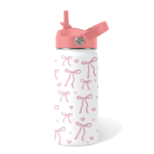 Bow Gifts for Girls, 16oz Pink Kids Water Bottle with Straw Lid, BPA-Free, Leak Proof Stainless Steel Insulated Bottle, for Girls, School, Travel - Bows Ribbon Lover Children Birthday Gifts Cup (1pc) - color: Bows1-new, size: 16 Ounces