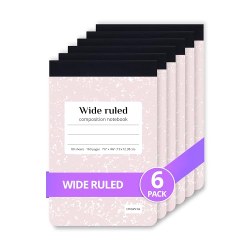 ONAVIA Pink Mini Composition Notebooks, Wide Ruled, 160 Pages, 6 Pack | 4.75 x 7.5 in, 80 ct, Small Composition Notebook, Fit in Purse, Topbound Notepad, Marble Comp Books, Notebook for School - color: Pink, size: 4.75 x 7.5"
