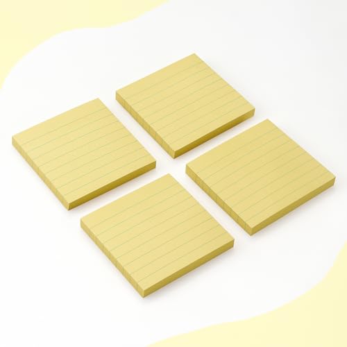 Lined Sticky Notes 3x3 in, Self-Adhesive, 4 Pads, 90 Sheets/Pad (Yellow) | Strong Self-Adhesive Backing, Sticks Firmly and Removes Cleanly - color: Yellow