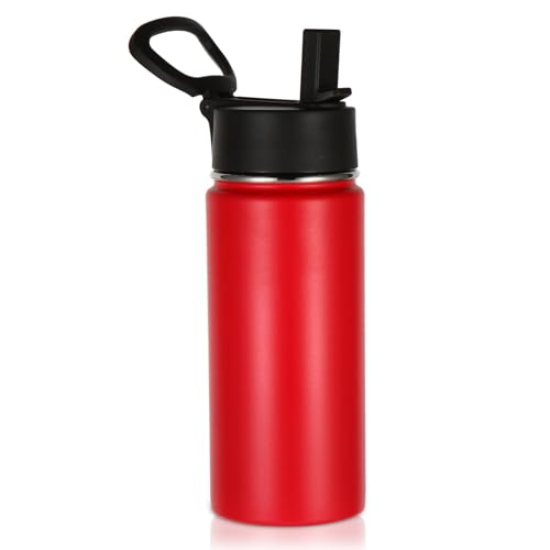 Volhoply Kids Insulated Water Bottle with Straw,16oz Stainless Steel Cold Water Bottles for School,BPA-Free Metal Wide Mouth Cups with Handle Lid,Reusable Double Wall Vacuum Sport Flask(Red,1) - color: Red