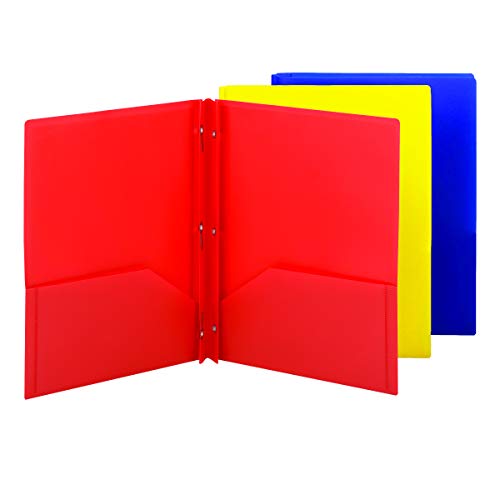Smead Poly Two-Pocket Folder, Three-Hole Punch Prong Fasteners, Letter Size, Red, Yellow, Blue, 6 Folders Total (87746) - color: Red, Blue, Yellow