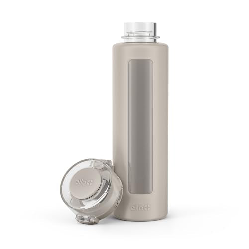 Ello Syndicate 20oz Reusable Glass Water Bottle with One-Touch Leak Proof Flip Lid, Protective Non-Slip Silicone Sleeve, Carry Loop for Coffee, Tea and Water, BPA-free, Dishwasher Safe, Sand - color: Sand