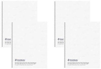 PrintWorks Professional Prepunched Paper, 8.5 x 11, 20 lb, 43-Round Hole Spiral Coil (4:1 Pitch) Binding Paper, 500 Sheets, White (04144) (Pack of 4) - size: 20 lb (Pack of 4), style: Spiral, 43-Hole