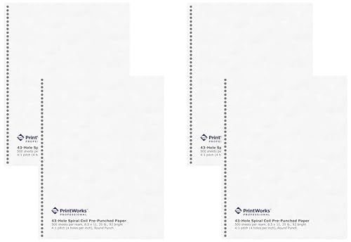 PrintWorks Professional Prepunched Paper, 8.5 x 11, 20 lb, 43-Round Hole Spiral Coil (4:1 Pitch) Binding Paper, 500 Sheets, White (04144) (Pack of 4) - size: 20 lb (Pack of 4), style: Spiral, 43-Hole