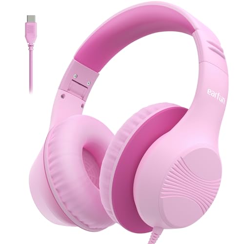 EarFun K3 Kids Headphones, USB Type C Over Ear Headphones for Kids, Volume Limit, HD Stereo Sound, Comfortable Fit, Foldable Wired Headphone for School/Travel/Boys/Girls/Tablet/iPad, Pink - color: USB-C Pink