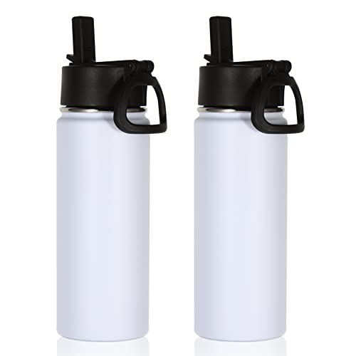Volhoply 18oz Insulated Water Bottle Bulk 2 Pack,Kids Stainless Steel Water Bottles with Straw Lid,Double Wall Vacuum Metal Bottle,Wide Mouth Reusable Sports Flask for Cold Drink(White,2 Set) - color: White