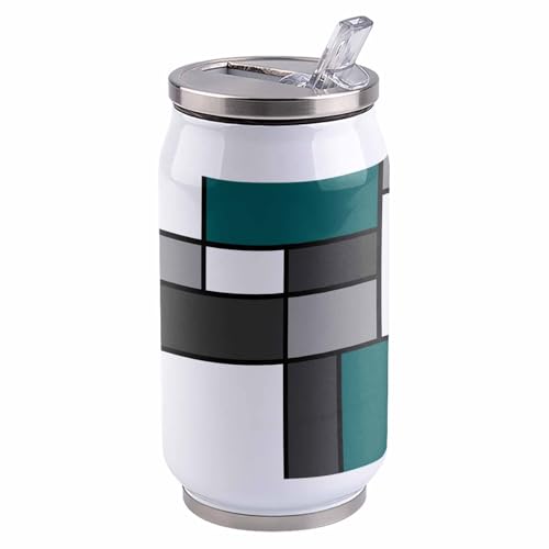 T&H XHome Geometric Art 14oz Stainless Steel Tumbler with Lid & Straw-Double Wall Vacuum Insulated Travel Mug Modern Abstract Turquoise White Grey Patchwork Water Bottle Coffee Beverage Drinks Cup - size: 14 Ounces