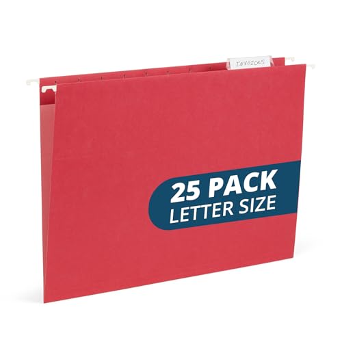 25 Blue Summit Supplies Red Hanging File Folders Letter Size – Durable 11pt Paper, Plastic Tabs and Inserts Included, Fits Standard Filing Cabinets and Desktop Organizers - color: Red