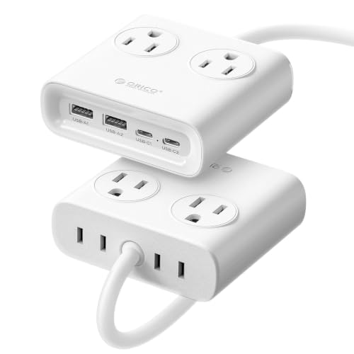 ORICO GaN 8-in-1 Power Strip with 4 AC Outlets, 2 USB-C 2 USB-A Ports, 45° Flat Plug, 5ft Extension Cord, Compact Desktop Charging Station for Cruise, Travel, Home Office, ETL Listed (1 Pack) - color: White（15W)