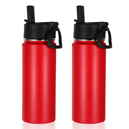 Volhoply 18oz Insulated Water Bottle Bulk 2 Pack,Kids Stainless Steel Water Bottles with Straw,Wide Mouth Reusable Metal Water Bottle,Double Wall Vacuum Sport Flask For Cold Drink(Red,2 Set) - color: Red