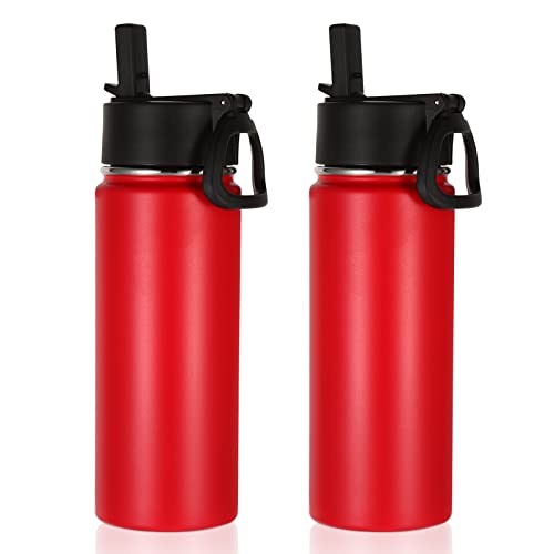 Volhoply 18oz Insulated Water Bottle Bulk 2 Pack,Kids Stainless Steel Water Bottles with Straw,Wide Mouth Reusable Metal Water Bottle,Double Wall Vacuum Sport Flask For Cold Drink(Red,2 Set) - color: Red