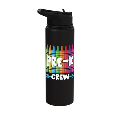 Pre-K Crew Cute Preschool Crayon School Field Day Trip 2025 Stainless Steel Insulated Water Bottle - color: Black