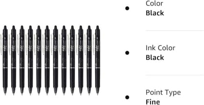 Pilot FriXion Ball Clicker Retractable Erasable Gel Pen, Fine Point, 0.7mm, Black Ink, 12 Count