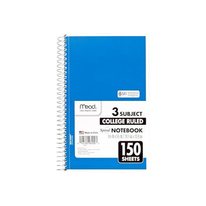 Mead 3-Subject Notebooks, 5.5" x 9.5", College Ruled, 150 Sheets, Assorted Colors, 12/Carton