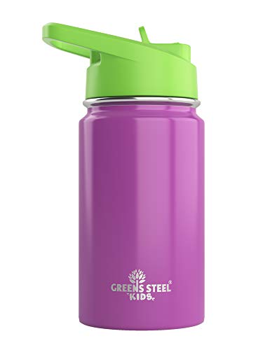 Kids Water Bottle - 12oz Purple | Leak Proof With Straw & Handle | 24 Hours Cold | Insulated, Double Wall Stainless Steel | Easy Sip Toddler Cup | Child's Flask | Eco Friendly - color: Purple