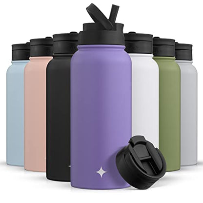 JoyJolt Triple Insulated Water Bottle with Straw Lid AND Flip Lid! 32oz Large Water Bottle, 12 Hour Hot/Cold Vacuum Insulated Stainless Steel Bottle. BPA-Free Leakproof Water Bottles - Thermos Bottle - color: Lilac Purple, size: 32 Ounces