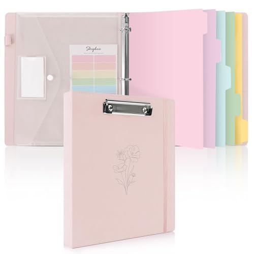 SKYDUE Pink 3 Ring Binder with Clipboard,1 Inch Linen Binder for 3 Hole Punch Letter Size Loose Leaf Paper with 5 Dividers, Pocket and Labels School and Office Supplies - color: Pink
