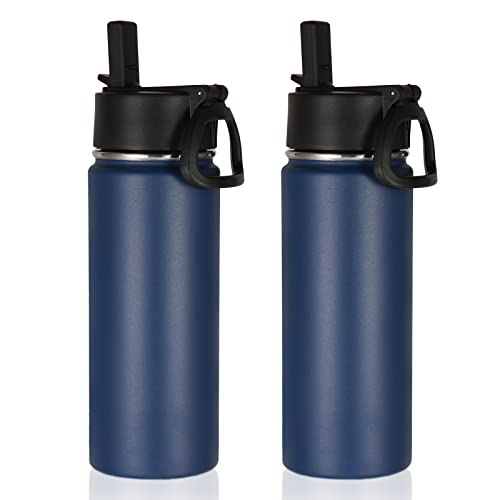 Volhoply 18oz Insulated Water Bottle Bulk 2 Pack,Kids Stainless Steel Water Bottles with Straw Lid,Double Wall Vacuum Metal Bottle,Wide Mouth Reusable Sports Flask for Cold Drink(Navy,2 Set) - color: Navy