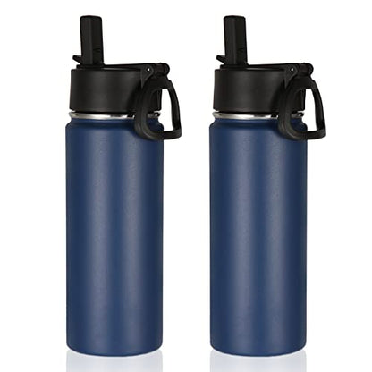 Volhoply 18oz Insulated Water Bottle Bulk 2 Pack,Kids Stainless Steel Water Bottles with Straw Lid,Double Wall Vacuum Metal Bottle,Wide Mouth Reusable Sports Flask for Cold Drink(Navy,2 Set) - color: Navy