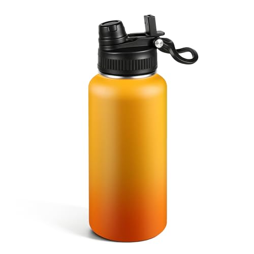 32oz Insulated Stainless Steel Water Bottle 2-in-1 Leak-Proof Sip & Straw Lid with Handle, Double Wall Vacuum Insulated Travel Mug for Sports, Commute, Office, Orange/Yellow, 1 Pack - color: Orange/Yellow, size: 32 Ounces