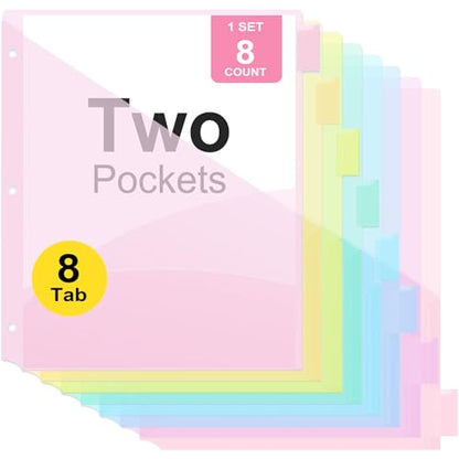 8 Count Binder Dividers with Two Pockets, 8 Tabs Binder Dividers for 3 Ring Binder Letter Size, Durable Plastic Binder Divider with Tabs, Insertable Big Tabs, 1 Set, Pastel - size: 1 Set