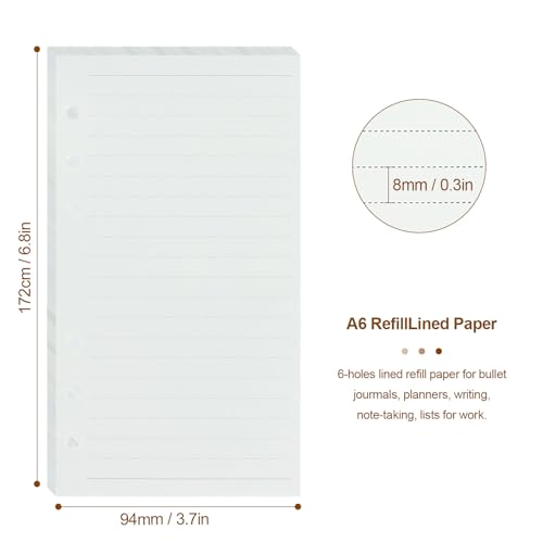 MultiBey A6 Refill Paper, 3-Pack Lined Refillable Paper, 6 Hole Filler Inserts for A6 Ring Binder, 100GSM Loose Leaf Papers 135 Sheets (270 Pages), 6.8x3.7inch - color: Lined Paper, size: A6