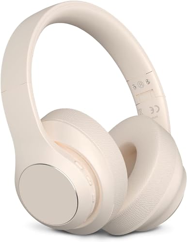 Wireless Bluetooth Headphones Over Ear, 40 Hours Playtime Wireless Headphones with Microphone,Foldable Light Weight Headset with HiFi Stereo Sound for Travel Work (Beige)