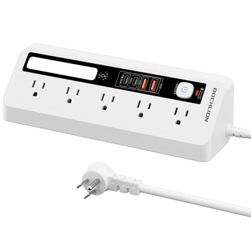 Desk Extension Lead with USB Slots, BOCHLION PD 35W + PD 20W Fast Charging Power Station with Night Light, 5 Way Plug Extension Socket Surge Protector, Desktop Power Strip 1.8M for Home Office (White) - color: White