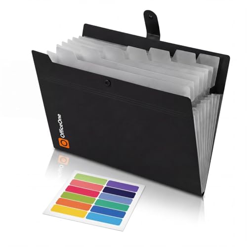 OfficeOne 8-Pocket Expanding File Folder, A4 Letter Size Accordion Document Organizer with Snap Closure, Labeled Tabs & Customizable Color-Coding Stickers, Home Office School (Jet Black) - color: Jet Black