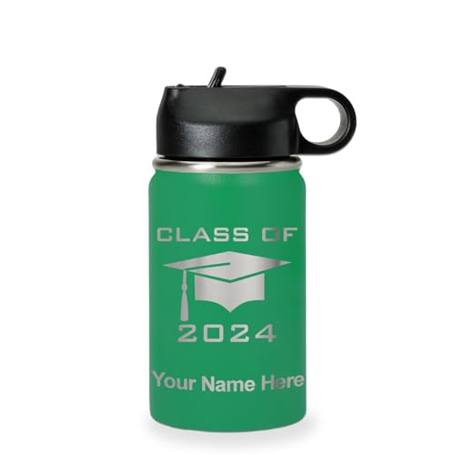 LaserGram Personalized Water Bottle, Grad Cap Class of 2023, 2024, 2025, 2026, 2027, Stainless Steel Double Wall Vacuum Insulated with Flip Top Straw, Custom Engraved Gift (12oz / 335ml Green) - color: Green, size: 12 Ounces