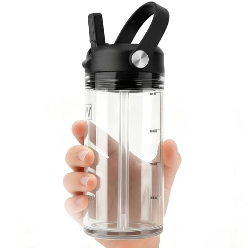12 oz Clear Water Bottle with Straw & Handle, Leakproof Tritan Water Bottle, BPA Free Reusable Plastic Bottle with Volume Markings, Dishwasher Safe for School,Travel, Sports, Black - color: Clear, size: 12 Ounces
