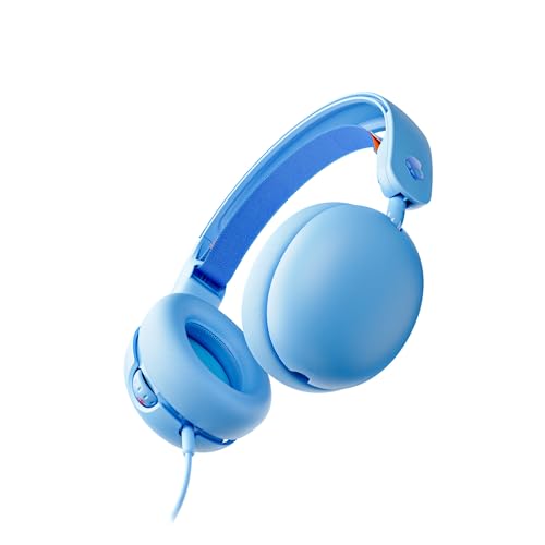 Skullcandy Grom Wired Headphones, Volume-Limiting Audio, Comfortable Over-Ear Fit, Foldable, Designed for Kids 6+, Convenient for Travel with 3.5mm AUX Plug, Built-in Microphone - Surf Blue - color: Surf Blue, style: Wired