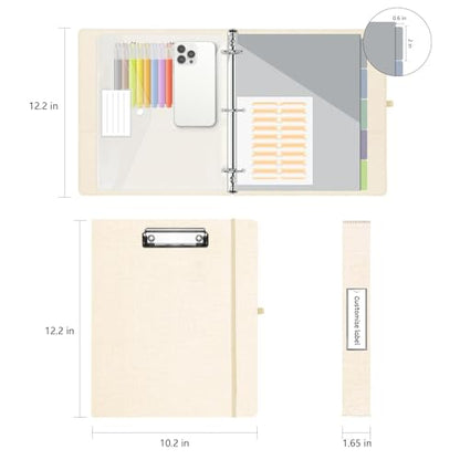 3 Ring 1 Inch Linen Binder Organizer, BVSSX Three Ring Binders with Clipboard, Plastic Folder, 5-Tabs Pocket Dividers with Sticker Labels, Pen Loop, Elastic Strap (Beige, Letter Size) - color: Light Beige, size: 1in（Letter Size）